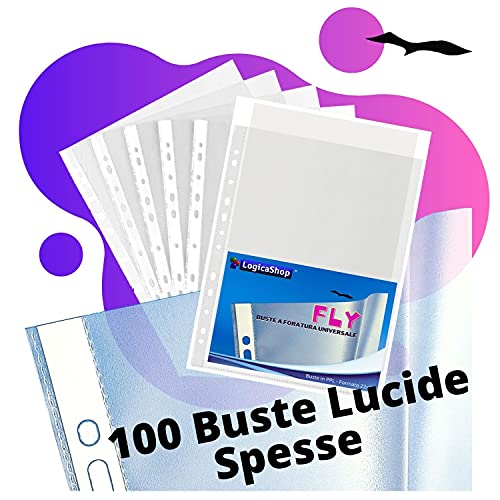 LogicaShop Fly Buste Forate Trasparenti per Raccoglitori ad Anelli A4, Cartelline Plastica (Lucide, 100 Pezzi)