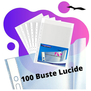 LogicaShop Fly Buste Forate Trasparenti per Raccoglitori ad Anelli A4, Cartelline Plastica (Lucide, 100 Pezzi)