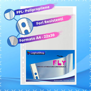 LogicaShop Fly Buste Forate Trasparenti per Raccoglitori ad Anelli A4, Cartelline Plastica (Lucide, 200 Pezzi)