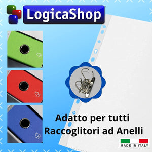 LogicaShop Fly Buste Forate Trasparenti per Raccoglitori ad Anelli A4, Cartelline Plastica (Lucide, 100 Pezzi)